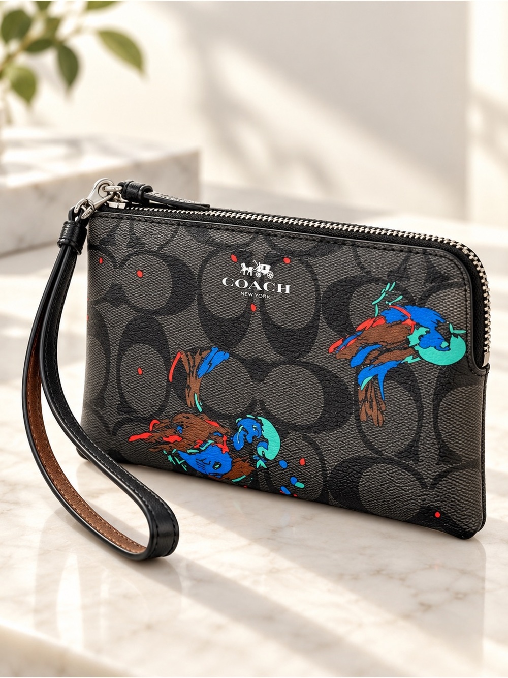 Vintage Coach Signature Bird Print Corner Zip Wristlet Black NWT Y2K Collectable